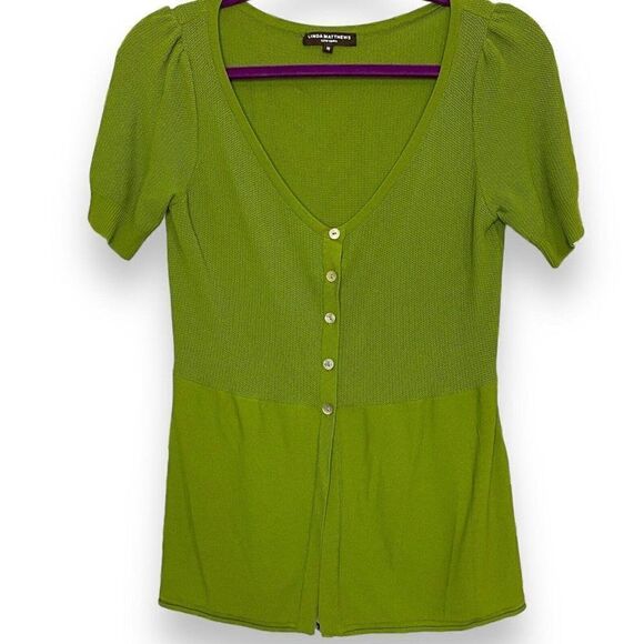 Linda Matthews Knit Blouse Womens Medium Green Mixed Media Casual Boho Baby Doll - Picture 1 of 11